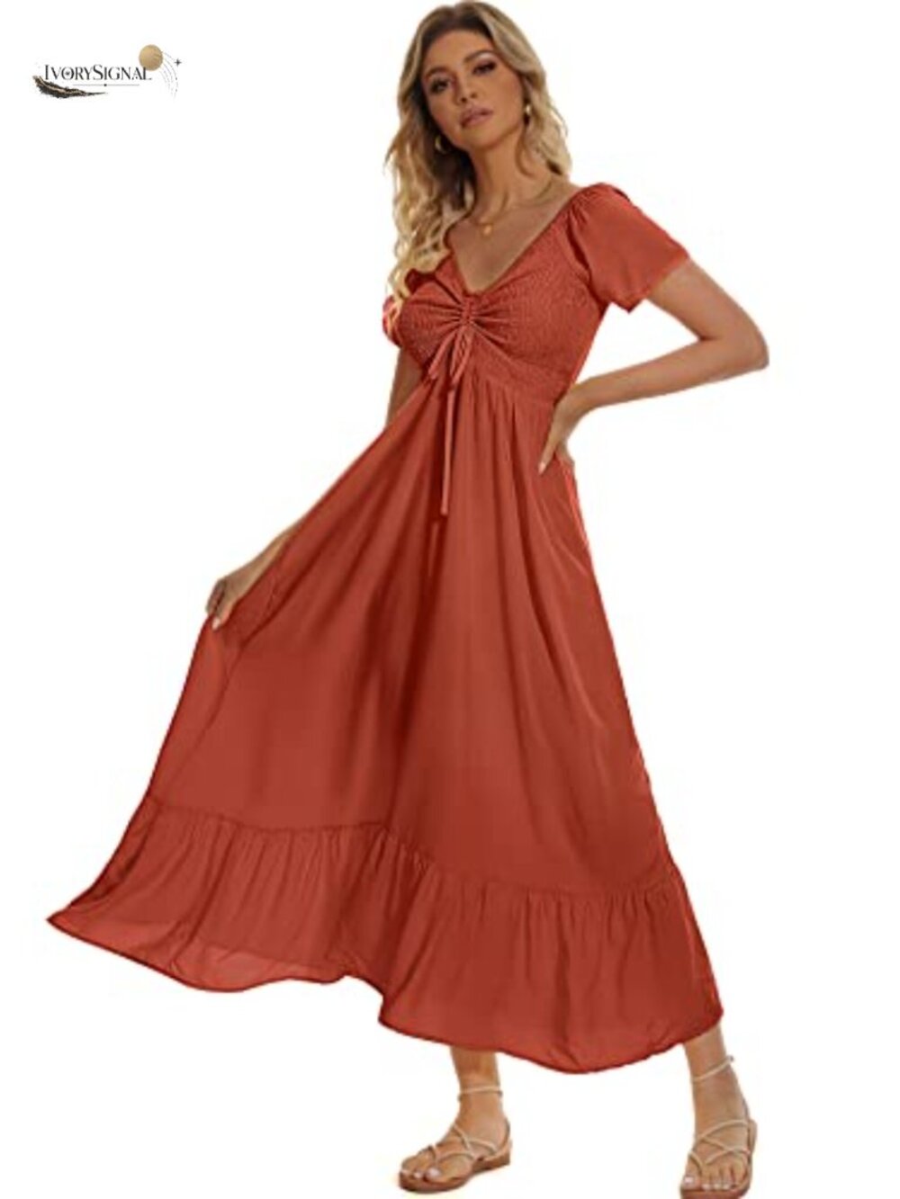 Smocked Floral Maxi Dress Rayon Tiered A-Line Beach Party